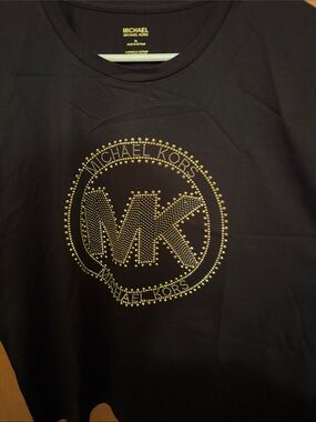 Michael Kors Black Short-Sleeve Tee with Gold Studded MK Emblem